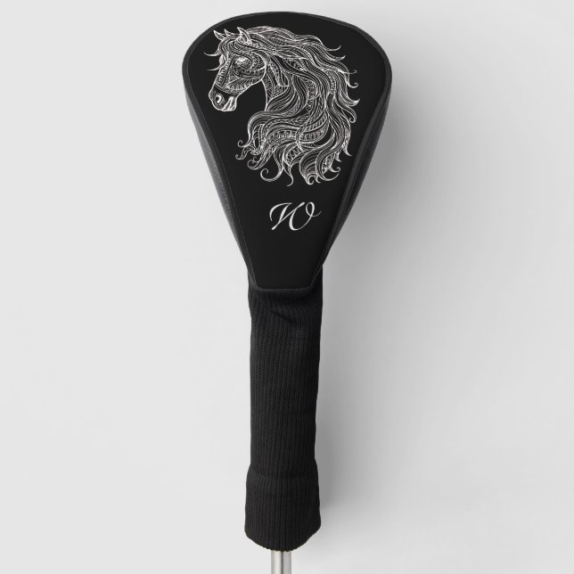 Schwarz-weißes Mandala Horse Head Monogram Golf Headcover (Vorderseite)