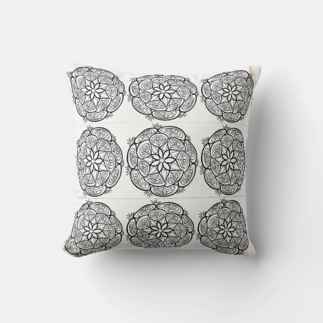 Schwarz-weißes Mandala-Kreismuster-Pillow Kissen (Vorderseite)