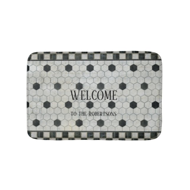 Schwarz-weißes Marmor Hexagon Bauernhof Bad Badematte (Vorderseite)
