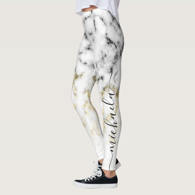 Schwarz-weißes Marmorgold funkeln Glitzer Ihr Name Leggings (Links)