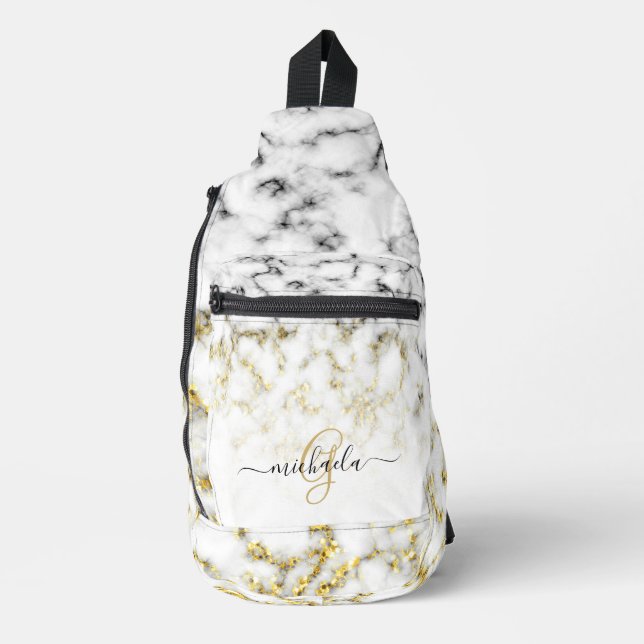 Schwarz-weißes Marmorgold glänzend Monogramm Crossbody Bag (Vorderseite)