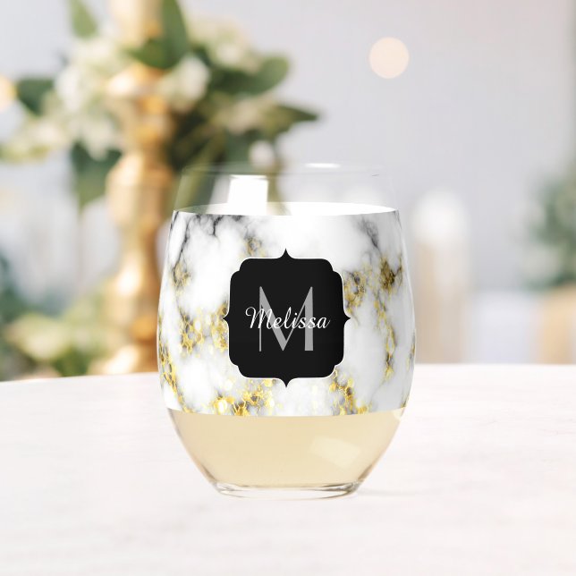 Schwarz-weißes Marmorgold Markieren Custom Monogra Weinglas Ohne Stiel (Insitu (Hochzeit))