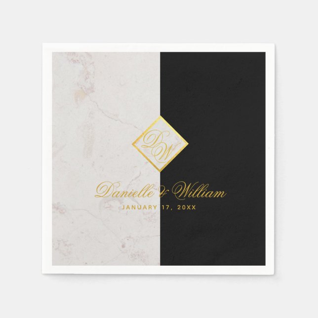 Schwarz-weißes Marmormongram Gold Elegante Hochzei Serviette (Vorderseite)