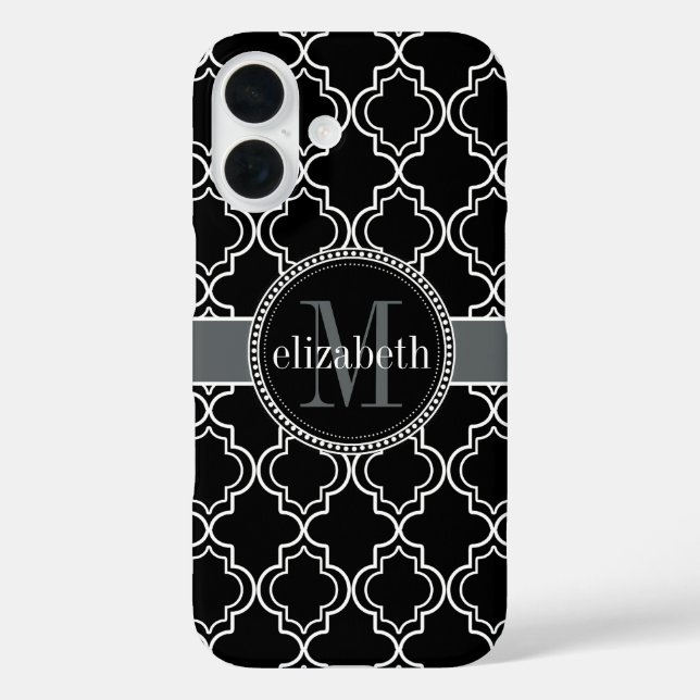 Schwarz-weißes marokkanisches Monogramm iPhone 16 Hülle (Rückseite)