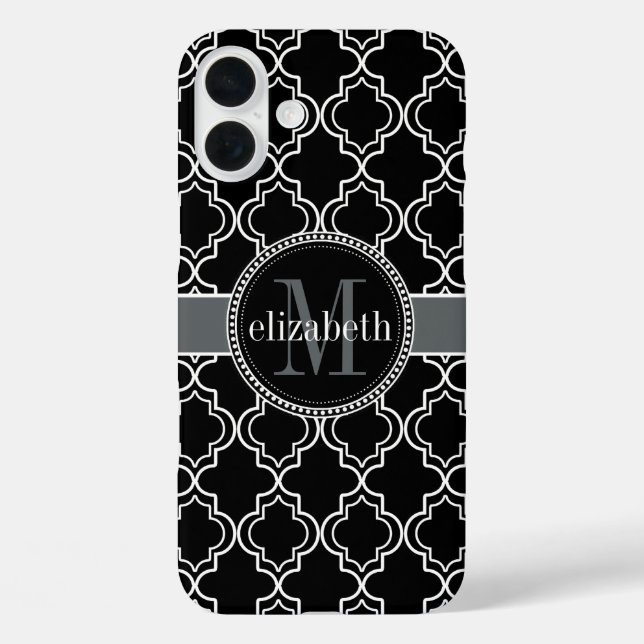 Schwarz-weißes marokkanisches Monogramm iPhone 16 Plus Hülle (Rückseite)
