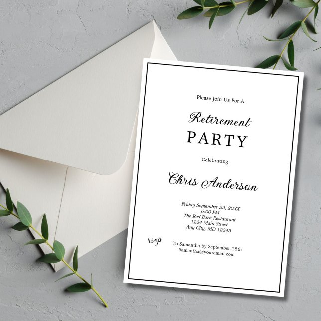 Schwarz-weißes Minimal Simple Modern Retirement Pa Einladung (Black White Border minimalist simple elegant Retirement Party Invitation for him or her. Printed )