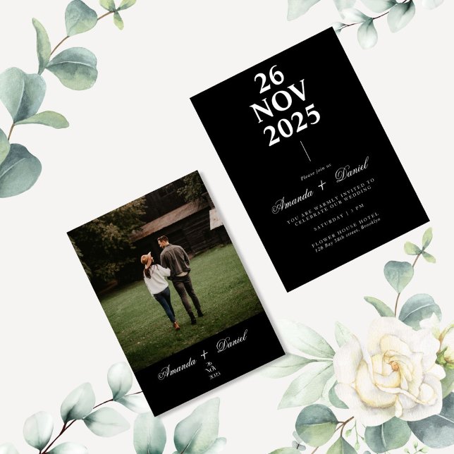 Schwarz-weißes Minimalistisches Foto Hochzeit Einladung (Von Creator hochgeladen)
