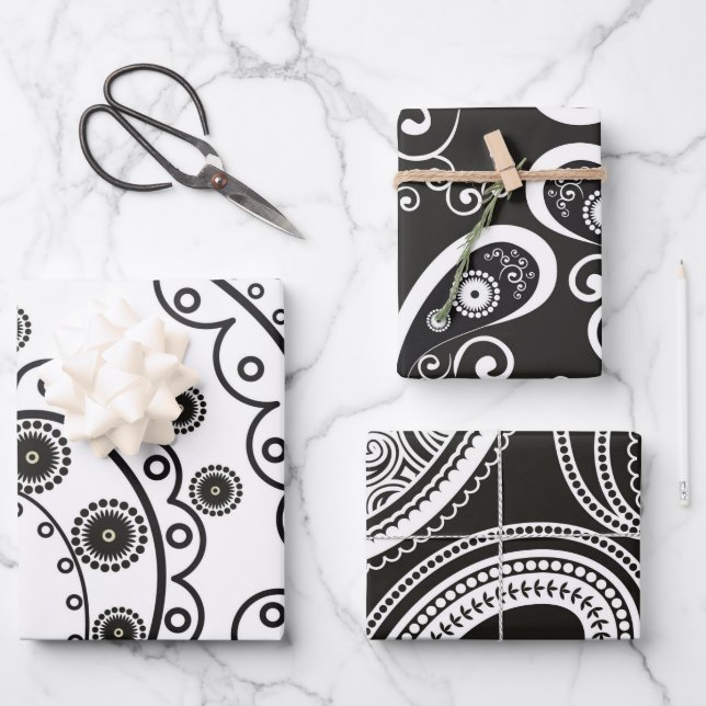 Schwarz-weißes Minimalistisches Paisley Geschenkpapier Set (Vorderseite)