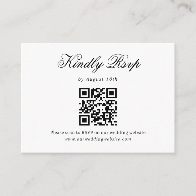 Schwarz-weißes Minimalistisches Skript Hochzeit QR Begleitkarte (Vorderseite)