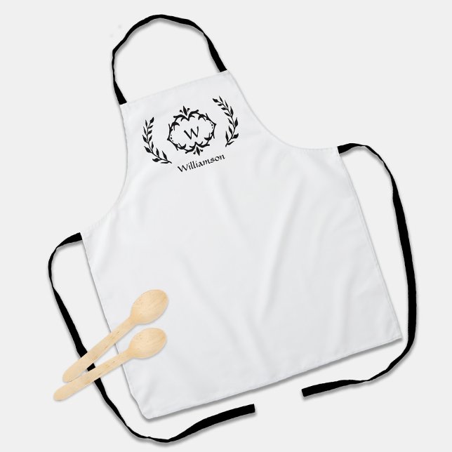 Schwarz-weißes Mit Monogramm Logo für ein benutzer Schürze (Custom Elegant Monogrammed Crest Logo Black White Apron)