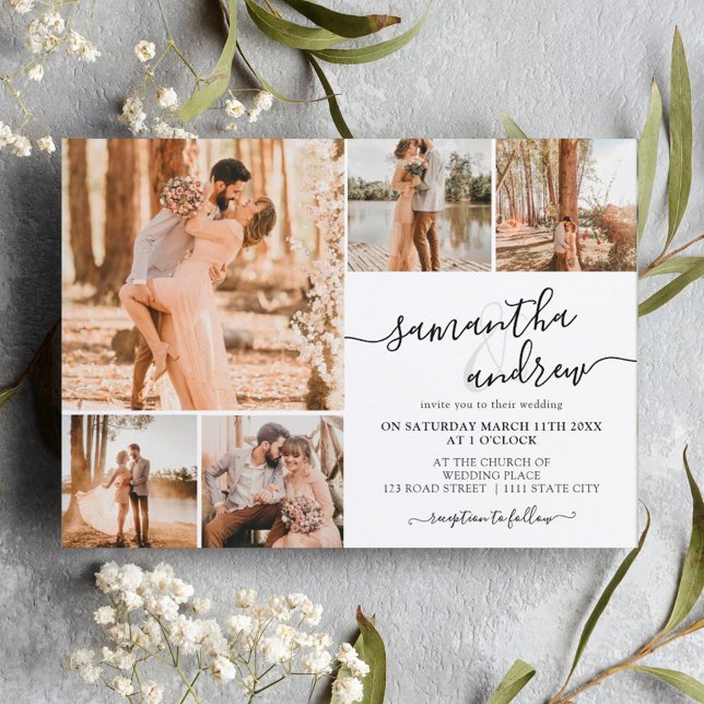 Schwarz-weißes modernes Drehbuch 6 Fotos Hochzeit Einladung (Von Creator hochgeladen)