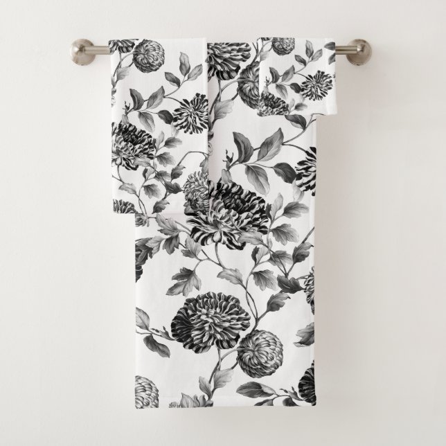 Schwarz-weißes modernes Vintages botanisches Badhandtuch Set (Insitu)
