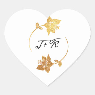 Schwarz-weißes Monogram Gold Blume Initial Elegant Herz-Aufkleber