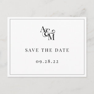 Schwarz-weißes Monogram Simple Elegant Save the Da Einladungspostkarte