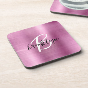 Schwarz-weißes Monogramm aus rosa gebürstetem Meta Getränkeuntersetzer