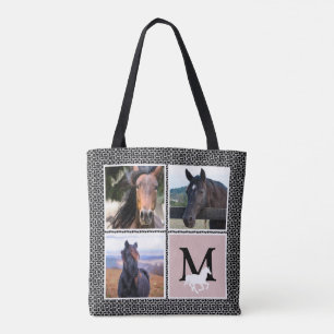 Schwarz-weißes Monogramm Horse-Foto Tasche