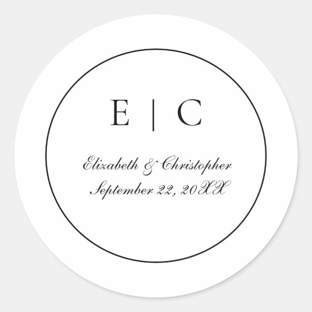 Schwarz-weißes Monogramm-Skript Traditionelle Hoch Runder Aufkleber (Vorderseite)