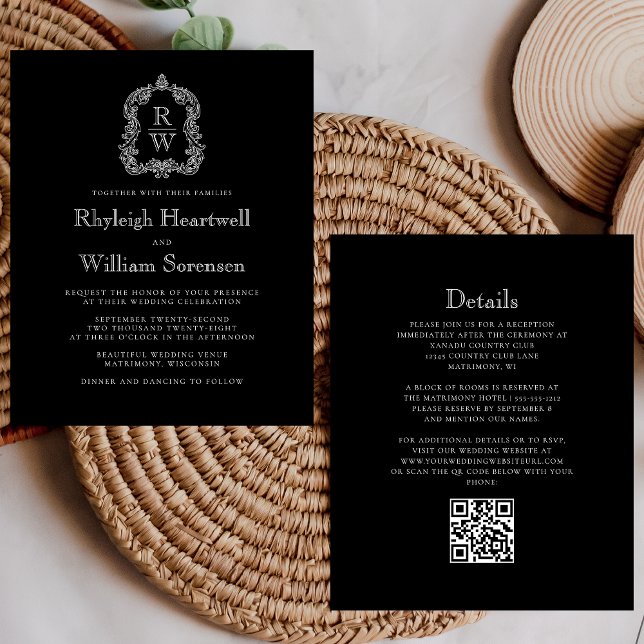 Schwarz-weißes Monogramm Wappen QR Code Hochzeit (Von Creator hochgeladen)