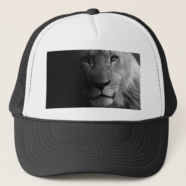 Schwarz-weißes Motivierend Leadership Lion Portrai Truckerkappe (Vorderseite)