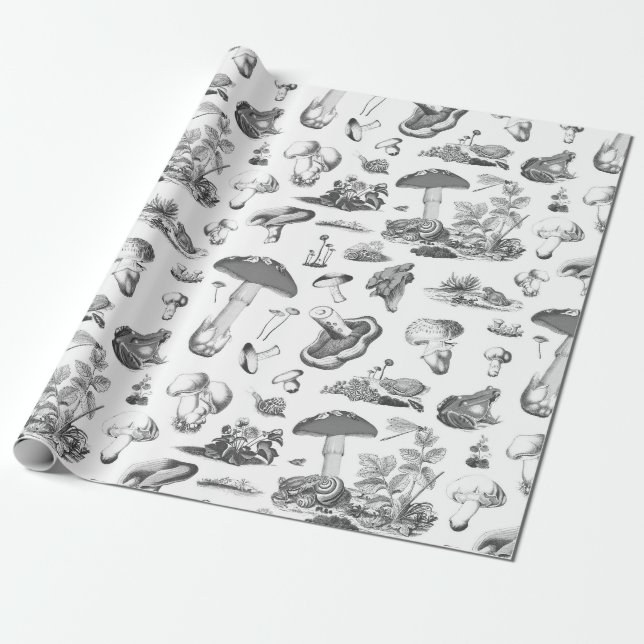 Schwarz-weißes Mushroom Frosch Schneckenwaldmuster Geschenkpapier (Ungerollt)