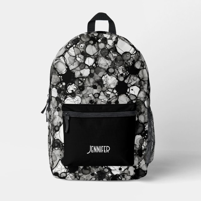 Schwarz-weißes Muster Alkoholtinte Personalisiert Bedruckter Rucksack (Vorderseite)
