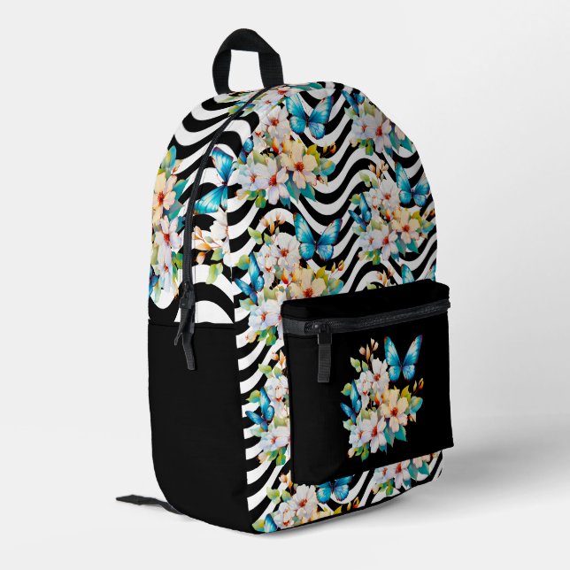 Schwarz-weißes Muster für Butterfly-Flöten Bedruckter Rucksack (Rückseitige Ecke links)