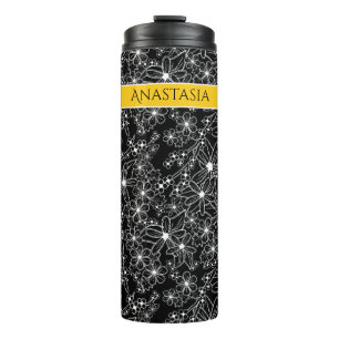 Schwarz-weißes Muster, handgezeichnet, gelb Thermosbecher