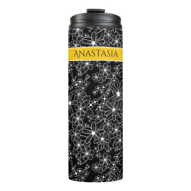 Schwarz-weißes Muster, handgezeichnet, gelb Thermosbecher (Vorderseite)