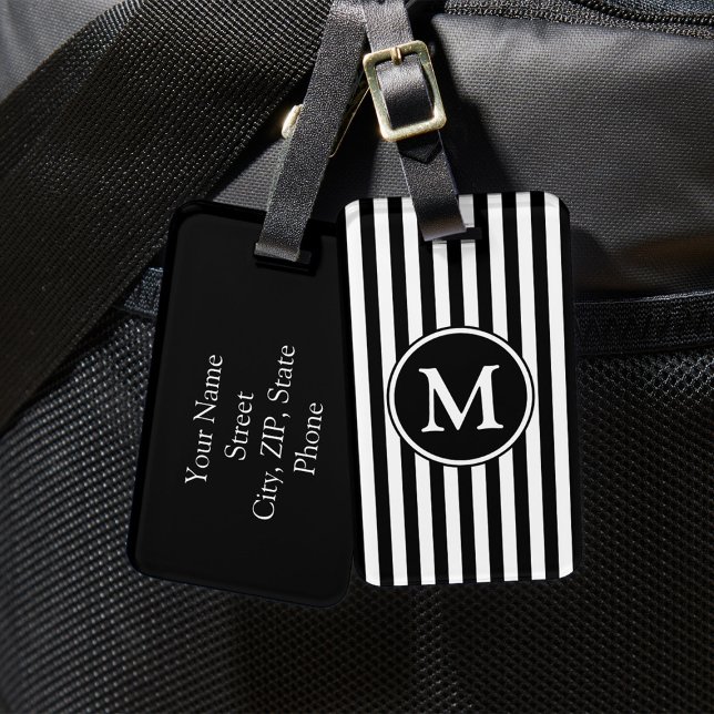 Schwarz-weißes Muster Streifen Muster Monogramm Gepäckanhänger (Black White Pattern Striped Pattern Monogram Luggage Tag)