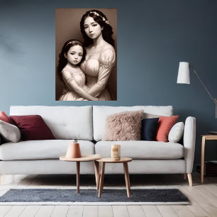 Schwarz-weißes Mutter- und Tochterportrait Art d Poster