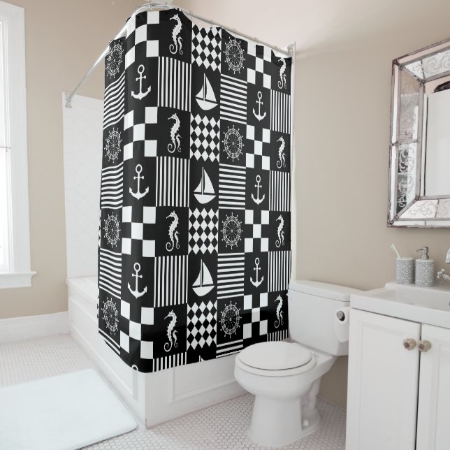 Schwarz-weißes nautisches Patchwork-Muster Duschvorhang (Beispiel)
