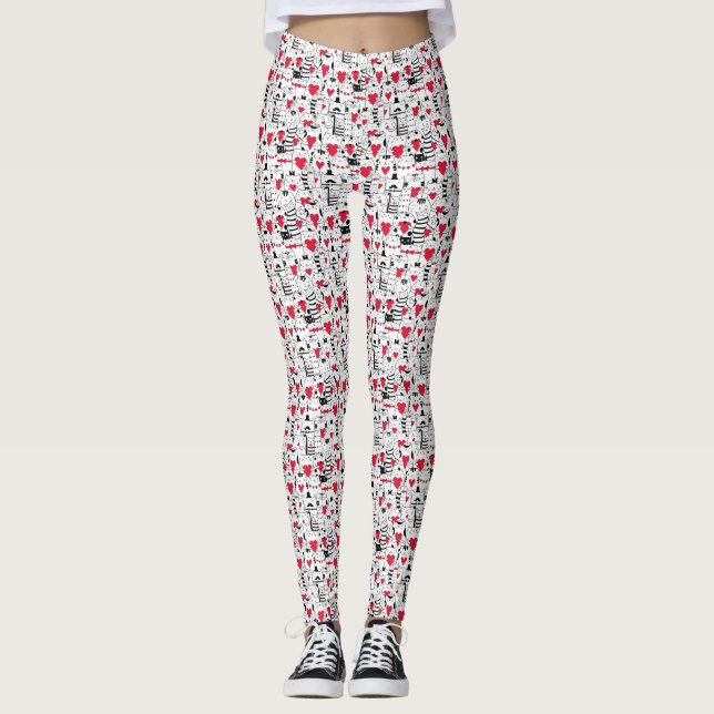 Schwarz-weißes Niedliches Katzen Rotes Herz Leggings (Vorderseite)
