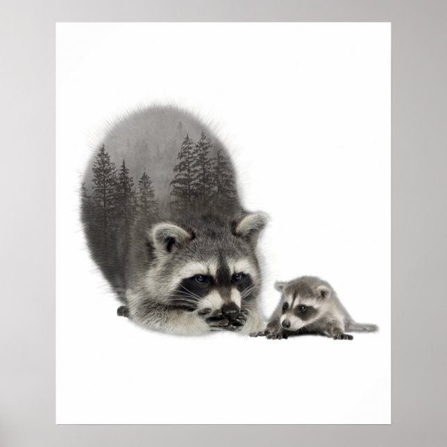 Schwarz-weißes Niedliches Raccoon mit Baby Poster (Vorne)