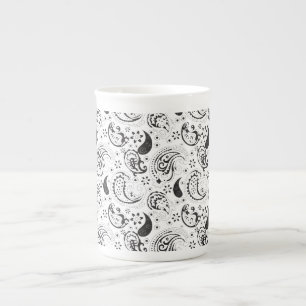 Schwarz-weißes Paisley-Muster – Elegante Textilkun Prozellantasse
