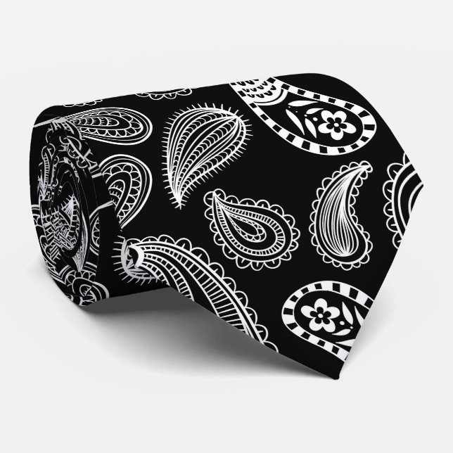 Schwarz-weißes Paisley-Muster Krawatte (Gerollt)