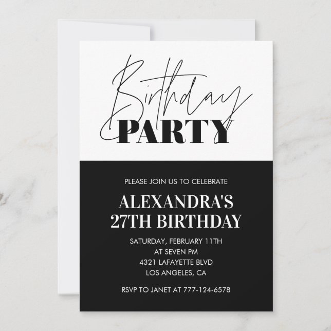Schwarz-weißes Party zum 27. Geburtstag Einladung (Vorderseite)