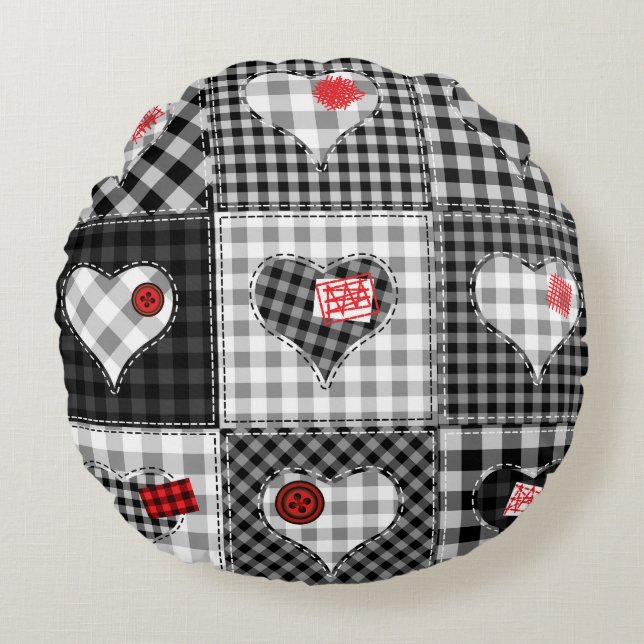 Schwarz-weißes Patchwork ist nahtlos. Rundes Kissen (Vorderseite)