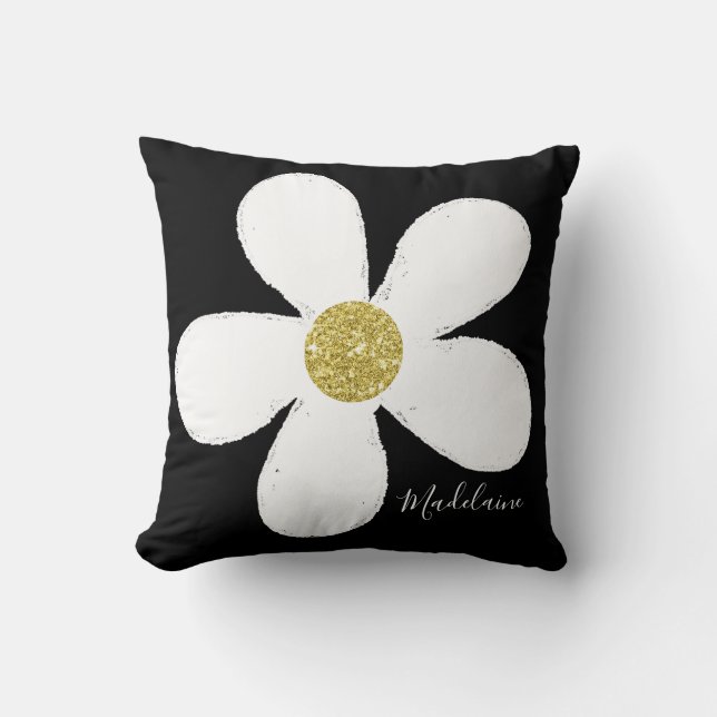 Schwarz-weißes Personal Simple Daisy Pattern Gold Kissen (Vorderseite)