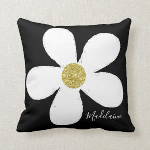 Schwarz-weißes Personal Simple Daisy Pattern Gold Kissen