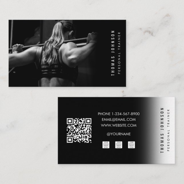 Schwarz-weißes Personal Trainer Fitness Foto Visitenkarte (Vorne/Hinten)