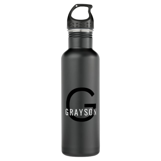 Schwarz-weißes personalisiert-Minimal-Monogramm Edelstahlflasche (Vorderseite)
