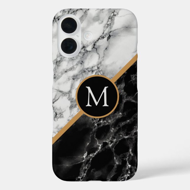 Schwarz-weißes Personalisiertes Letter Monogram iPhone 16 Hülle (Rückseite)