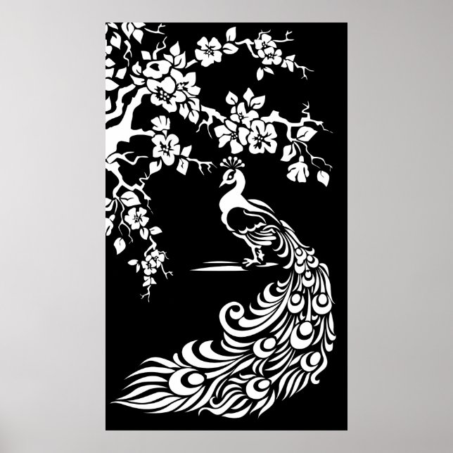 Schwarz-weißes Pfau- und Kirschblütenposter Poster (Vorne)
