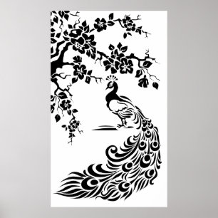 Schwarz-weißes Pfau- und Kirschblütenposter Poster