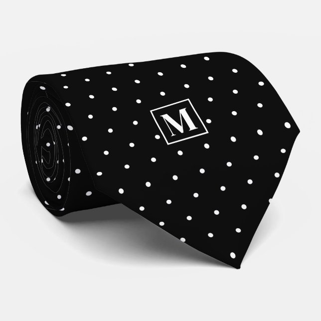 Schwarz-weißes Punkte-Muster-Monogramm Krawatte (Gerollt)