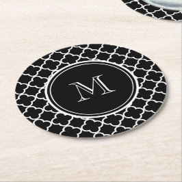 Schwarz-weißes Quatrefoil Muster, Ihr Monogramm Runder Pappuntersetzer