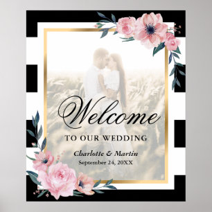 Schwarz-weißes Rosa Foto Hochzeit Begrüßungszeiche Poster