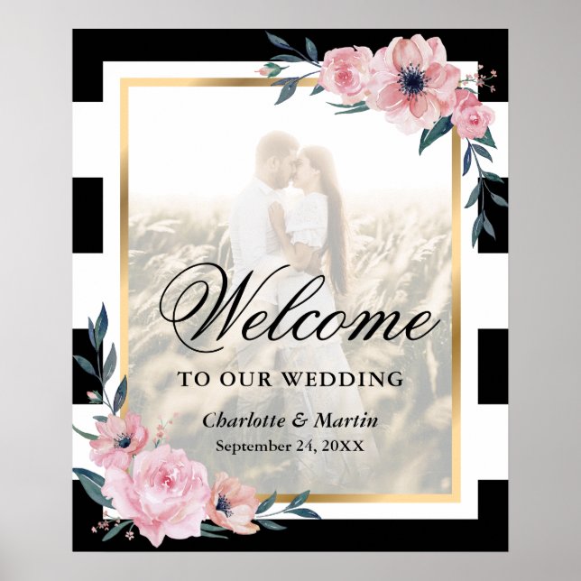 Schwarz-weißes Rosa Foto Hochzeit Begrüßungszeiche Poster (Vorne)