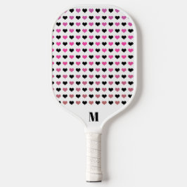 Schwarz-weißes rosa Herz-Muster | Modernes Monogra Pickleball Schläger