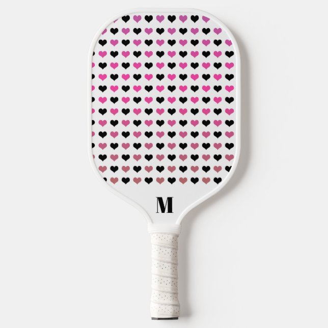 Schwarz-weißes rosa Herz-Muster | Modernes Monogra Pickleball Schläger (Vorderseite)